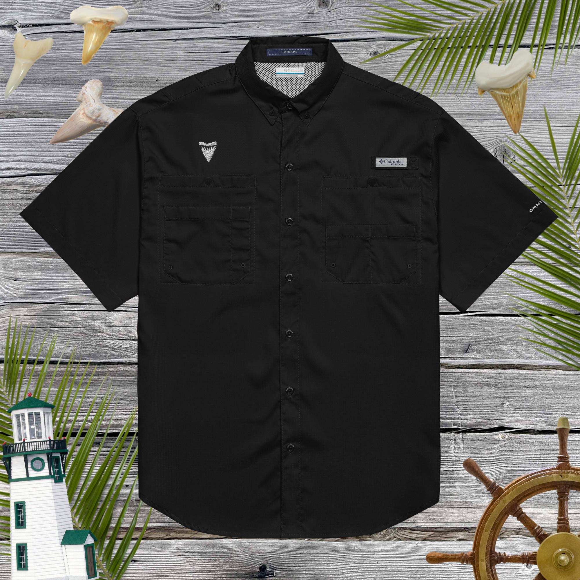 Black short-sleeve shark fishermans' shirt with shark tooth embroidery on a wooden background with nautical elements.