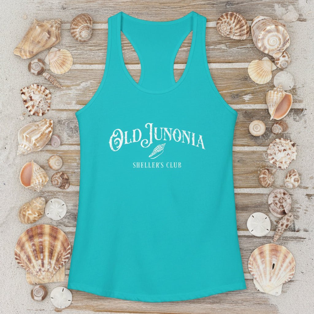 Turquoise tank top with 'Old Junonia Sheller's Club' text on a wooden surface