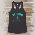 Black tank top with 'Old Sheller Junonia Club' text and logo on a wooden surface