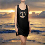 Shelling Beach Peace Sign Racerback Tank-Top Dress on a hot beachwear model standing on fashion island and sunset