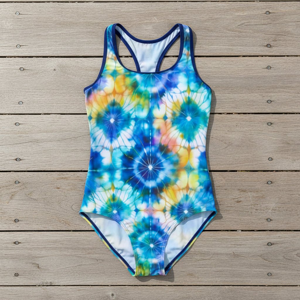 Multicolored tie-dye swimsuit on a nautical wood deck