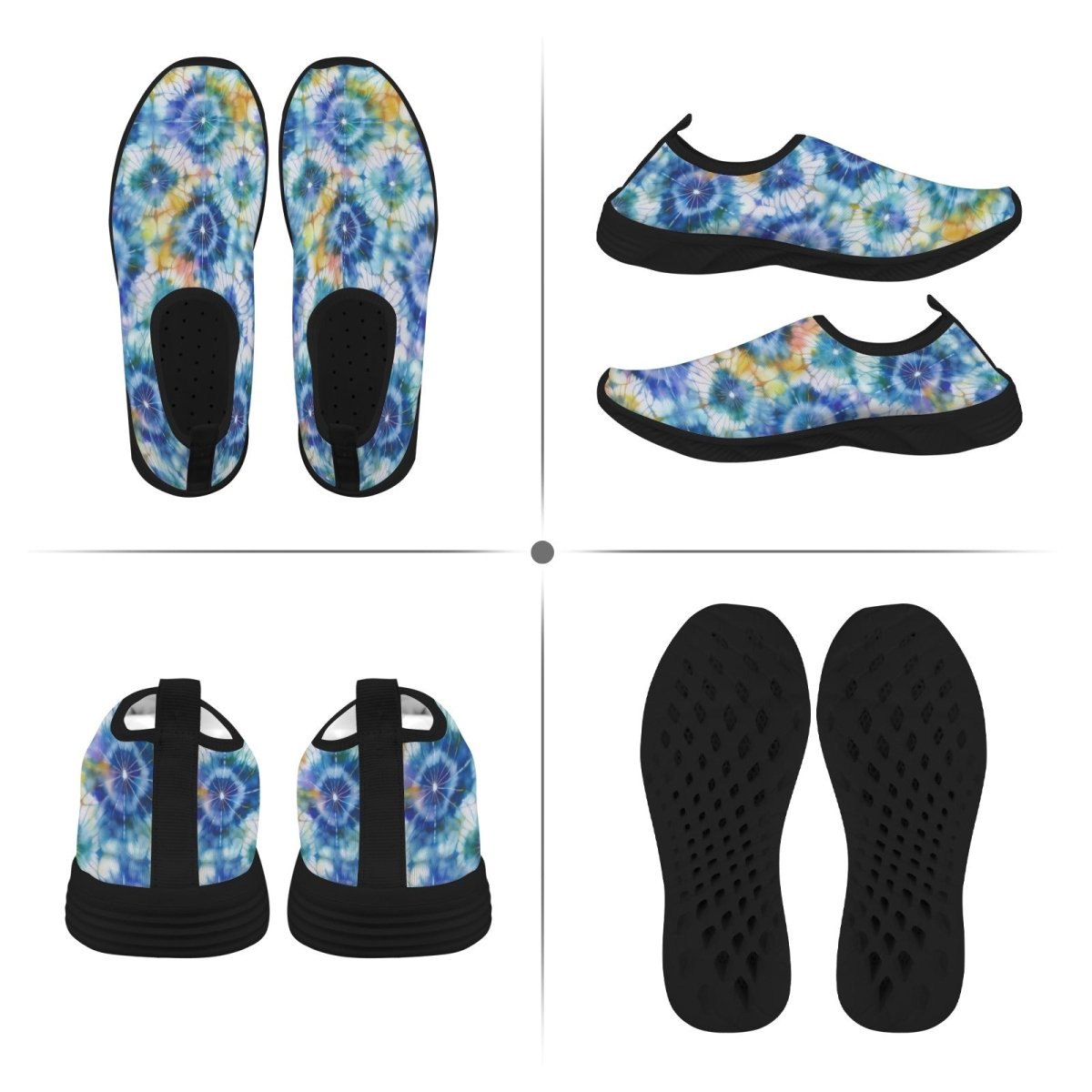 A four-panel product collage showing a pair of slip-on water shoes from multiple angles: top-down, side views, and outsoles. The upper has a blue, yellow, and white tie-dye spiral pattern, with black soles and black heel inserts.