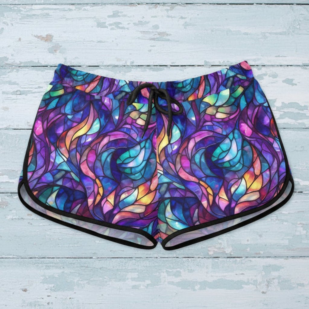 Colorful patterned shorts on a rustic nautical wood background