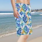 Colorful tie-dye patterned Board shorts on a surfer dude in La Jolla