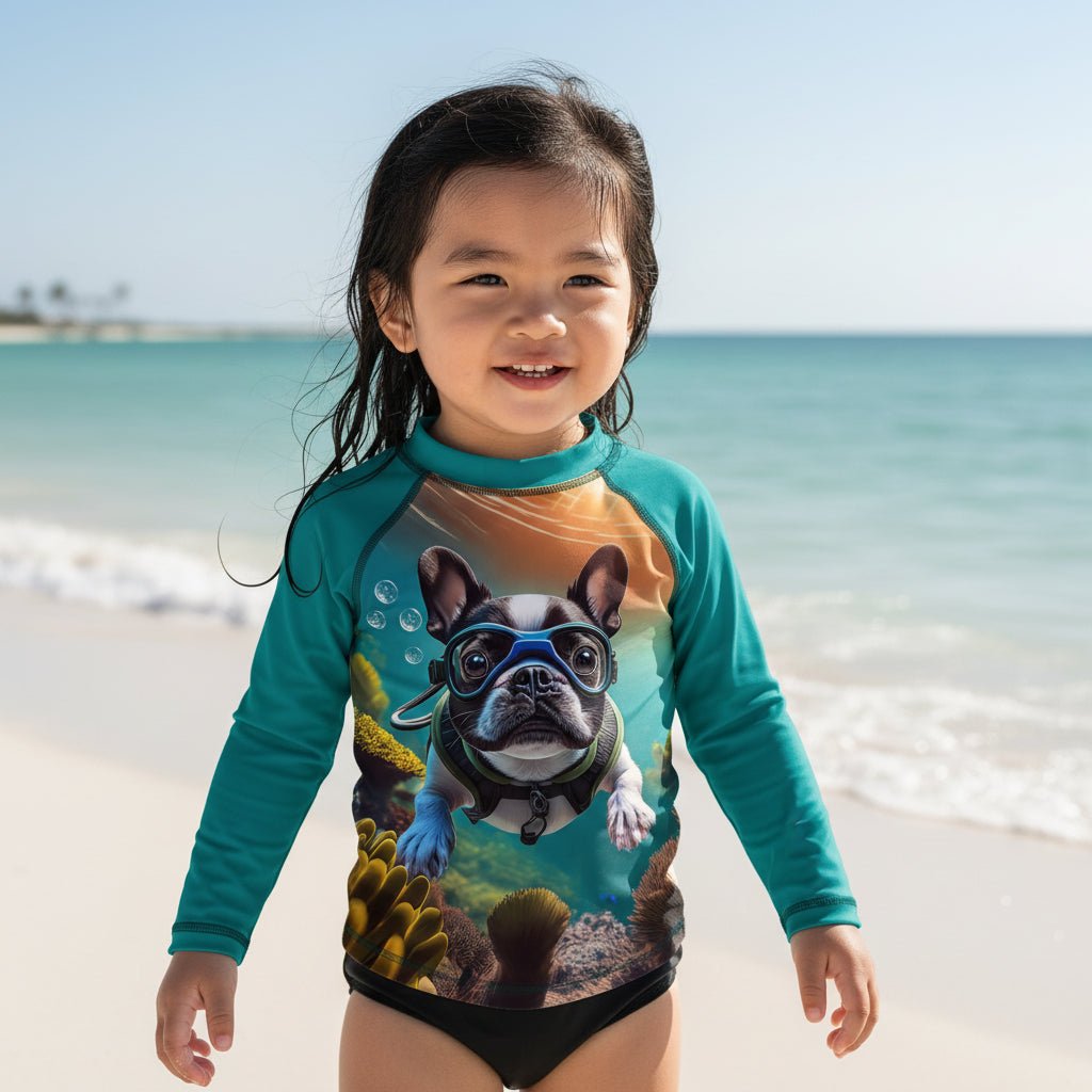 A young girl stands on Siesta Key beach wearing a teal long-sleeve swim rash guard with a large graphic print of a French bulldog wearing a scuba mask. The background shows the blue ocean and sky.