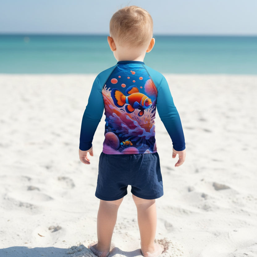 A toddler viewed from behind wearing a long-sleeve rash guard with a colorful underwater print featuring clownfish and coral, on a Siesta Key Beach