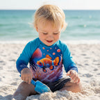 A toddler wearing a long-sleeve rash guard with a colorful underwater print featuring clownfish and coral, playing in the sand on Sista Key