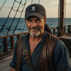 Skull And Crossbones Vintage Cotton Twill Cap with embroidered design, set against a nautical background.