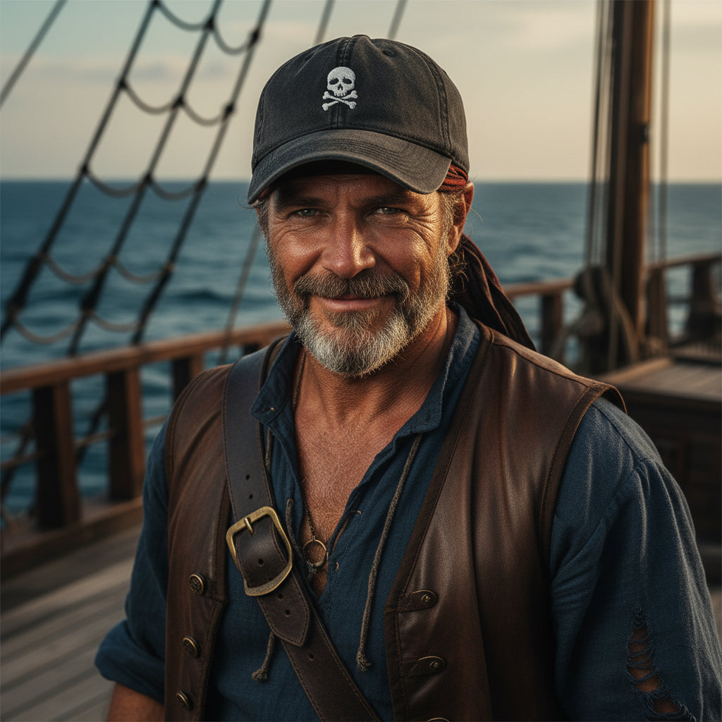 Skull And Crossbones Vintage Cotton Twill Cap with embroidered design, set against a nautical background.