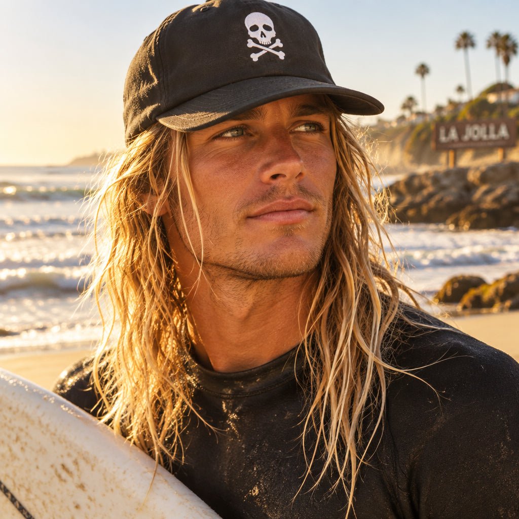 Surfer dude wearing black cap with skull and crossbones design on La Jolla Beach