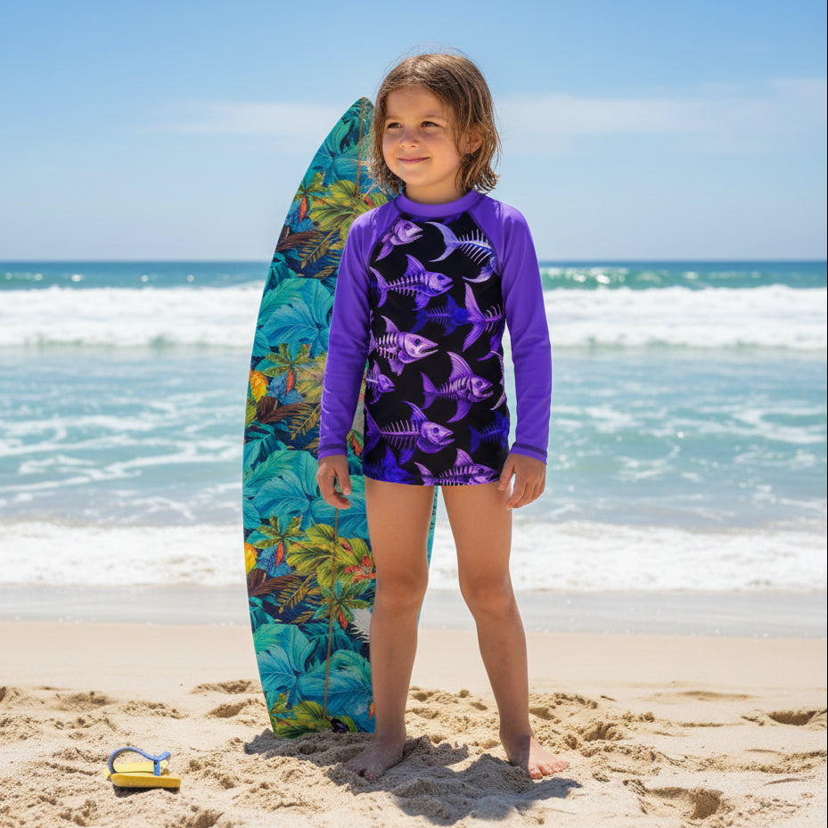 Child in a purple and black Kids Rash Guard standing on a beach with a colorful surfboard behind them.