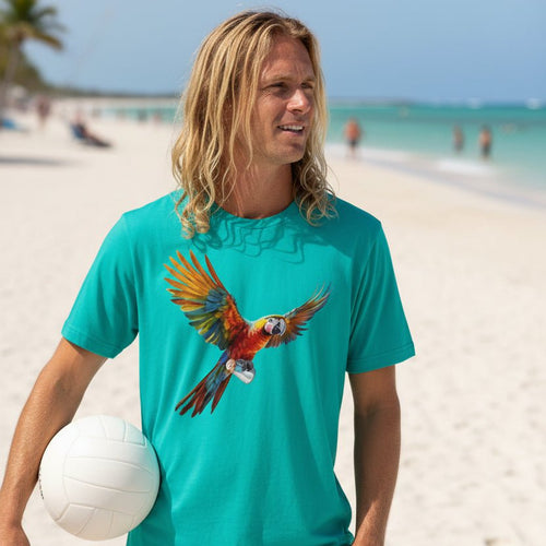 Man wearing a turquoise t-shirt with a colorful parrot design on Smathers Beach in Key West