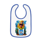 A baby wearing a white bib with a colorful parrot head design in the center.