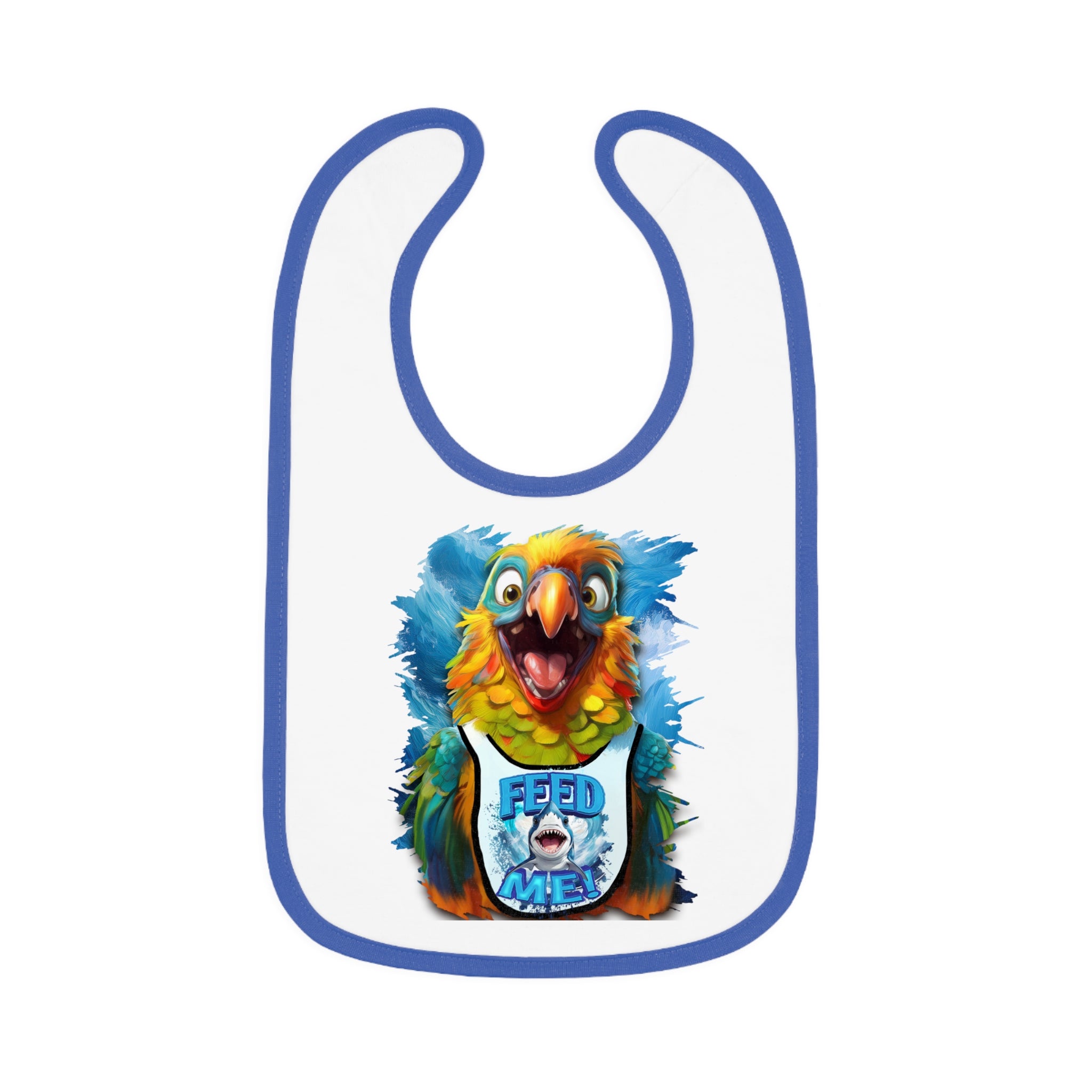 A baby wearing a white bib with a colorful parrot head design in the center.