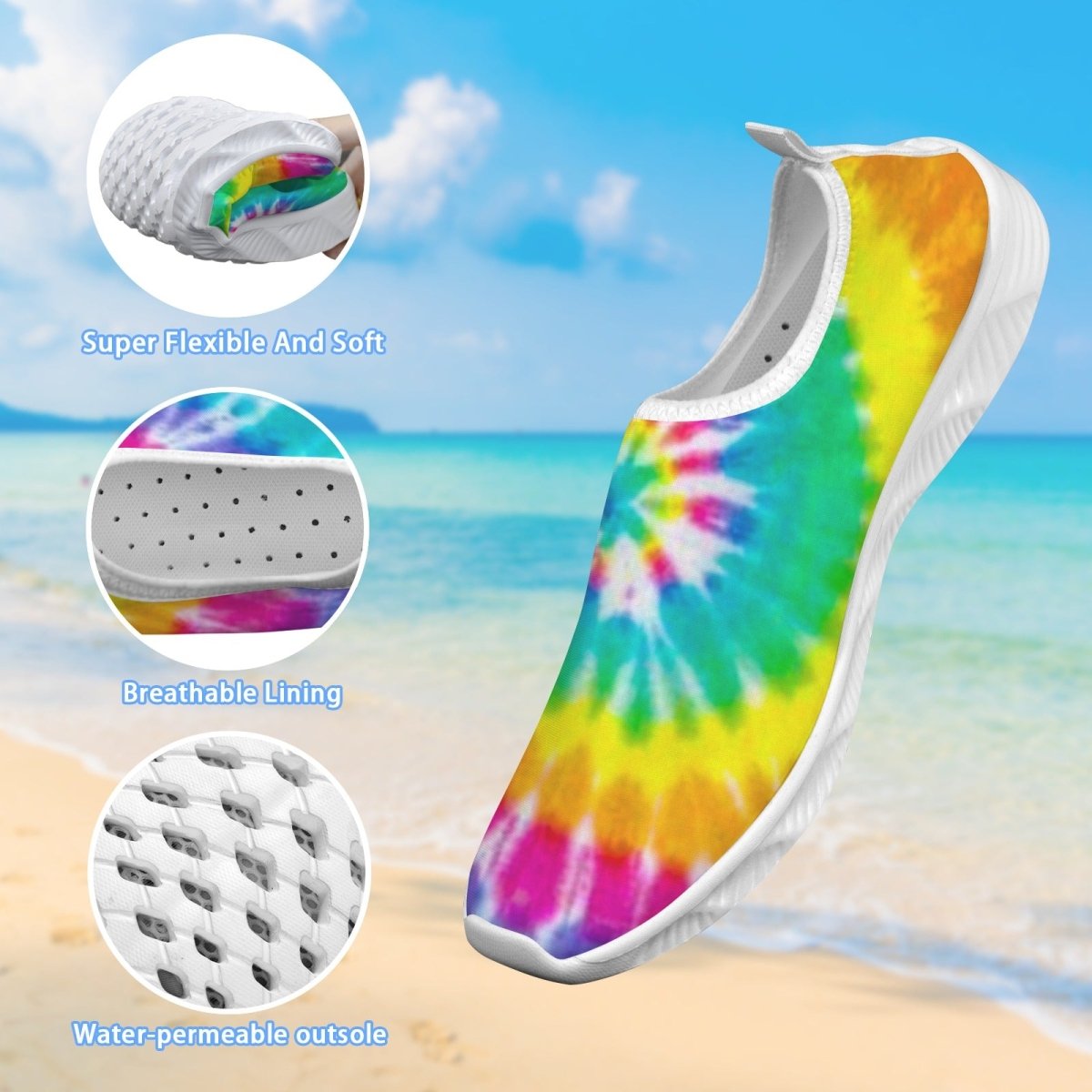 A single slip-on water shoe with a bright rainbow tie-dye pattern on a beach background, with three circular inset detail callouts showing flexible fabric, breathable lining, and a water-permeable outsole.