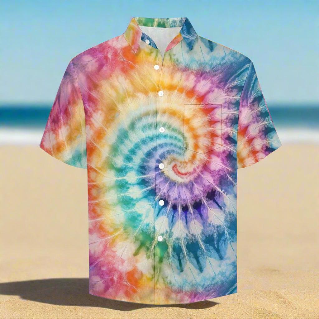 Colorful tie-dye Hawaiian shirt with a spiral pattern on a beach background