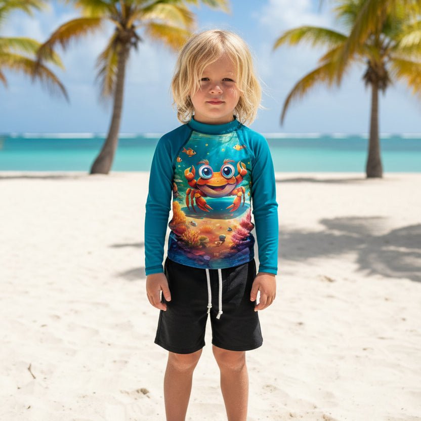 A young boy wearing a long-sleeve swim rash guard with a colorful cartoon crab underwater graphic on the front, paired with dark blue swim trunks, on St. Croix Island