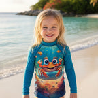 A young girl  wearing a long-sleeve rash guard with a colorful cartoon crab underwater graphic on the island of St. Croix VI