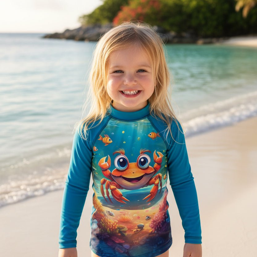 A young girl  wearing a long-sleeve rash guard with a colorful cartoon crab underwater graphic on the island of St. Croix VI