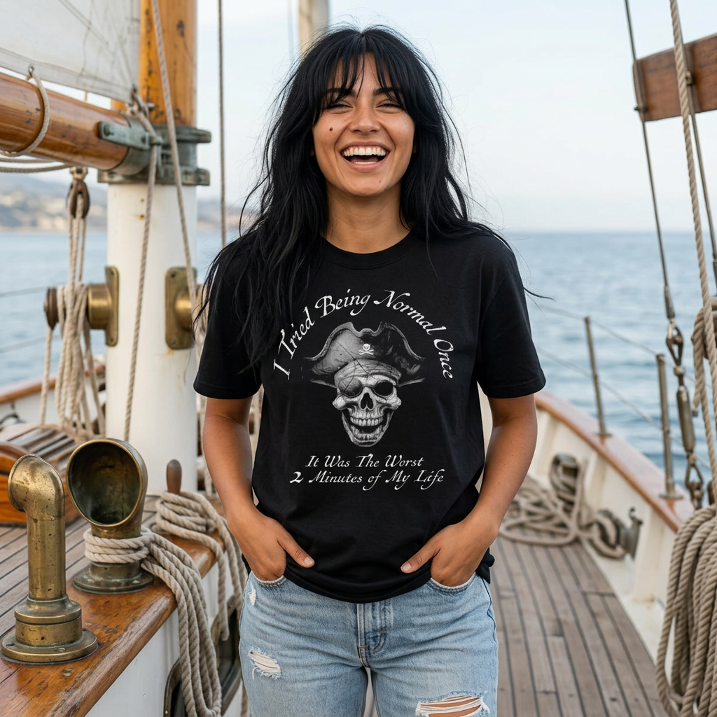 Laughing Woman on a vintage sailboat near St. Croix wearing a funny Pirate T-shirt