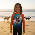 A smiling young boy stands on a Santa Monica beach wearing a long-sleeve dog-print swim shirt with bright orange sleeves and a blue graphic torso. Two dogs are visible in the background near the ocean at sunset.