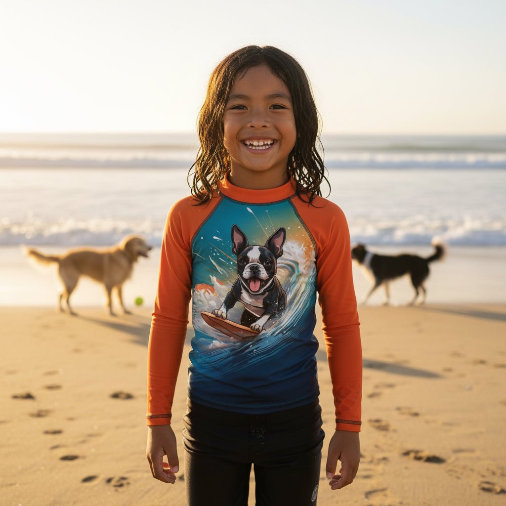 A smiling young boy stands on a Santa Monica beach wearing a long-sleeve dog-print swim shirt with bright orange sleeves and a blue graphic torso. Two dogs are visible in the background near the ocean at sunset.