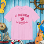 Bella Canvas Heather Bubble gum tee featuring a parrot head St. Somewhere design over a background of ParrotHead Icons and a rustic nautical wall of of some marina