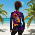 Woman wearing a colorful long-sleeve shirt with a bold lionfish design on a beach in St. Thomas