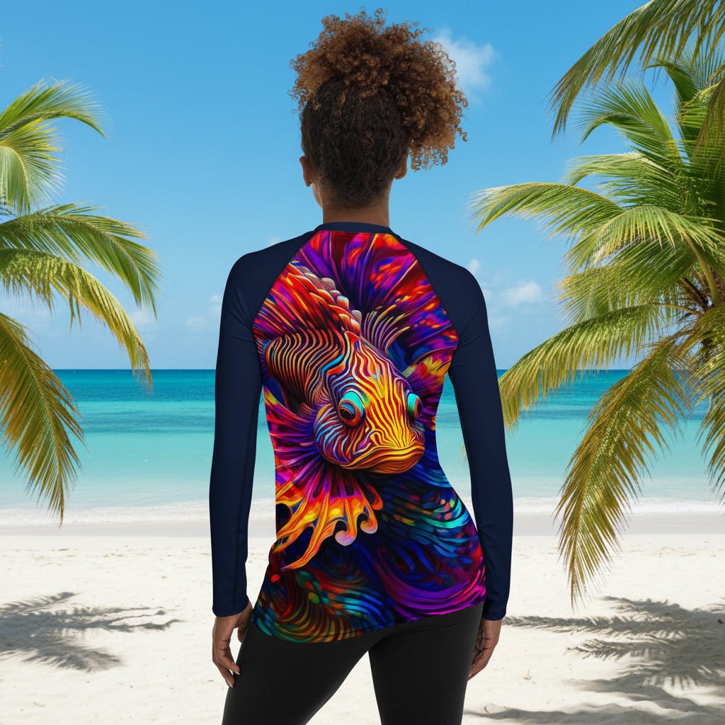 Woman wearing a colorful long-sleeve shirt with a bold lionfish design on a beach in St. Thomas