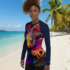 St. Thomas woman wearing a colorful long-sleeve shirt with bold lionfish design