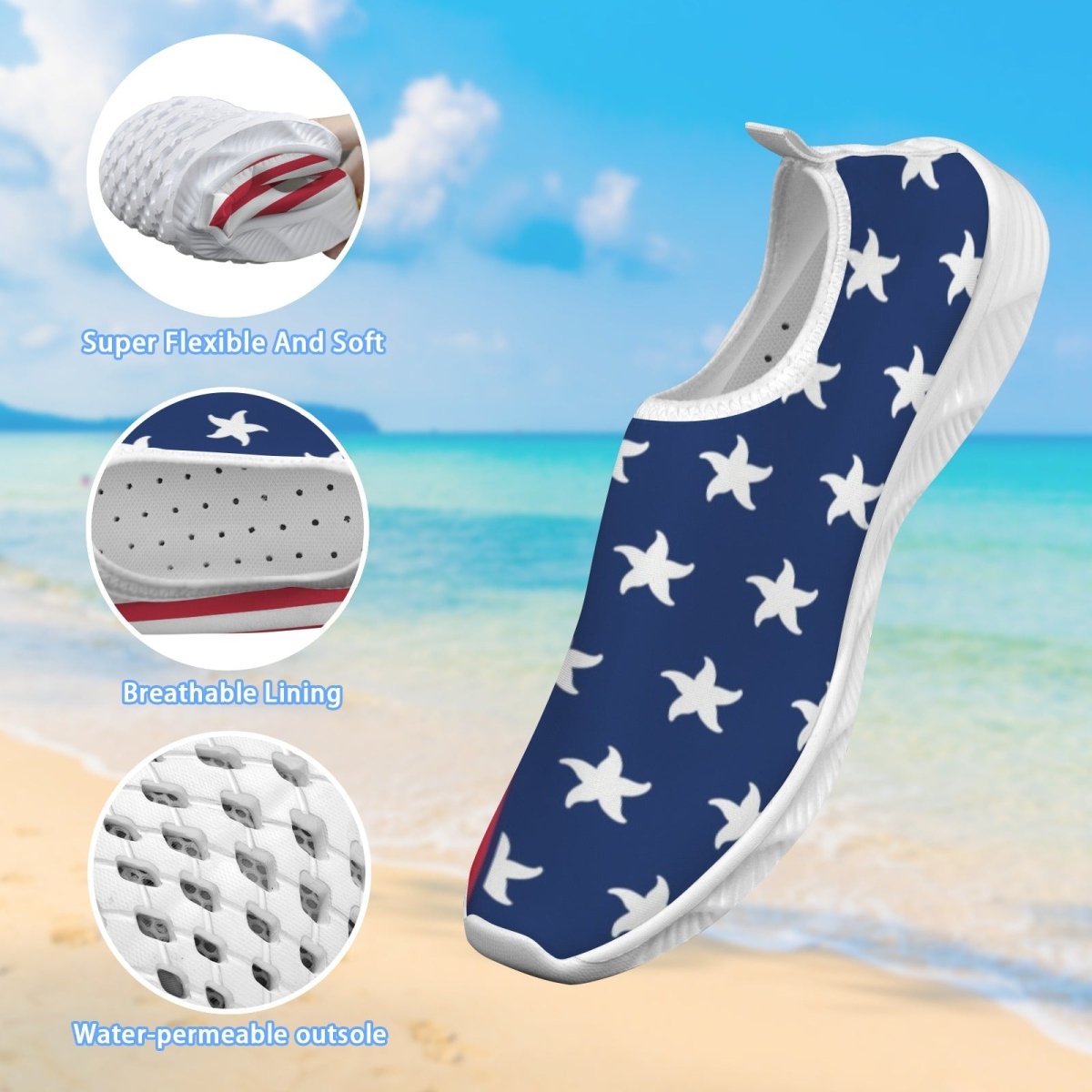 A single slip-on water shoe shown on a beach background with three circular detail callouts highlighting flexibility, breathable lining, and water-permeable outsole. The shoe has a navy blue upper with white star pattern, white side, and small red accents.