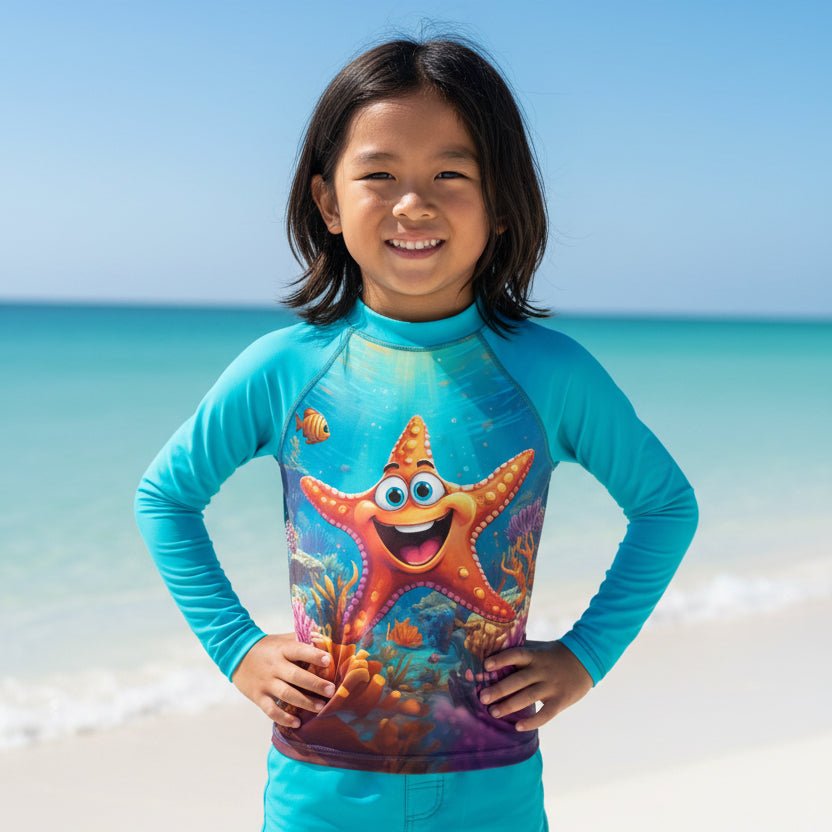 A smiling young girl stands on Starfish Point wearing a bright turquoise long-sleeve rash guard with a colorful underwater print featuring a starfish and coral. The background shows the blue ocean and sky.