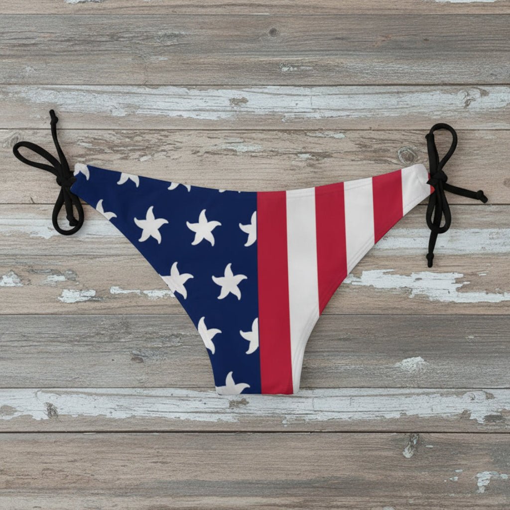 American flag bikini bottom on a wooden surface