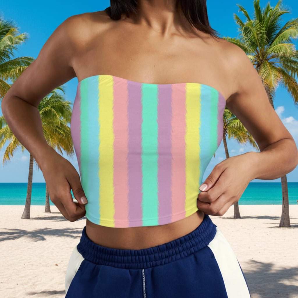 Pastel striped Bandeau Tube Top worn by a bikini model on a tropical island beach