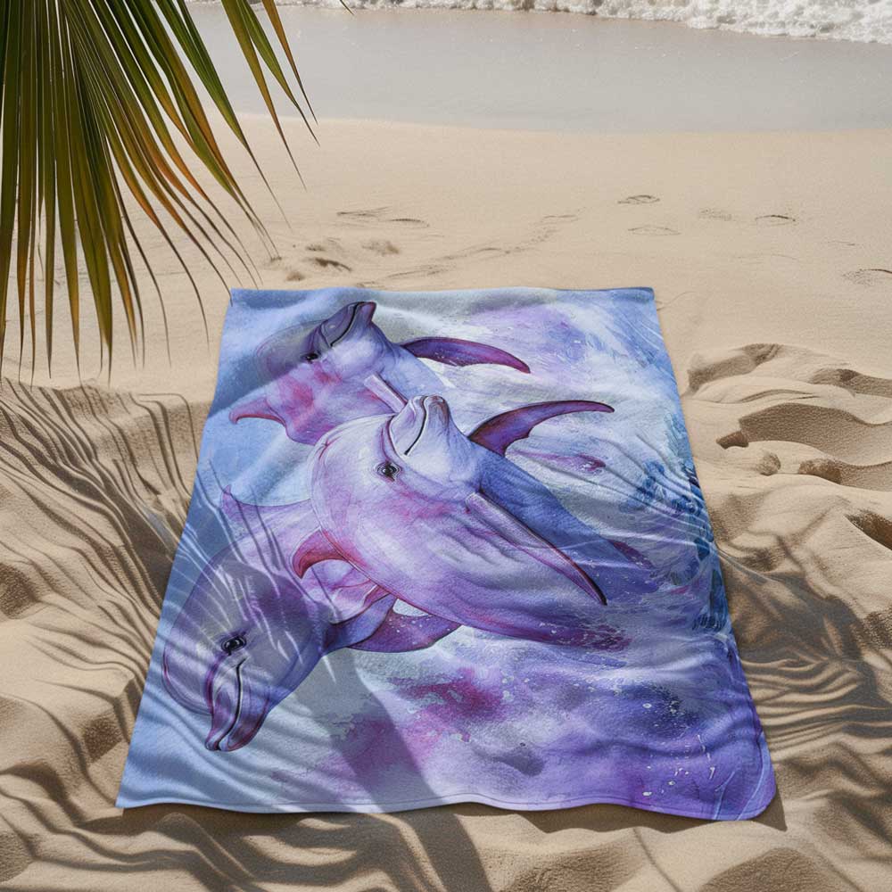 Pink Dolphin Beach Towel laying in the sand under a palm tree on the beach