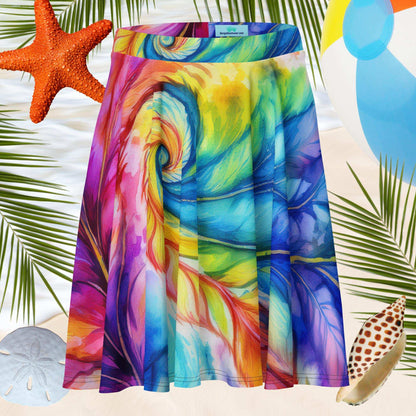 Cool Tie-Dye Summer Circle Skirt hanging over the sand at the water's edge, surrounded by a beach ball, a sand dollar, starfish and palm leaves.