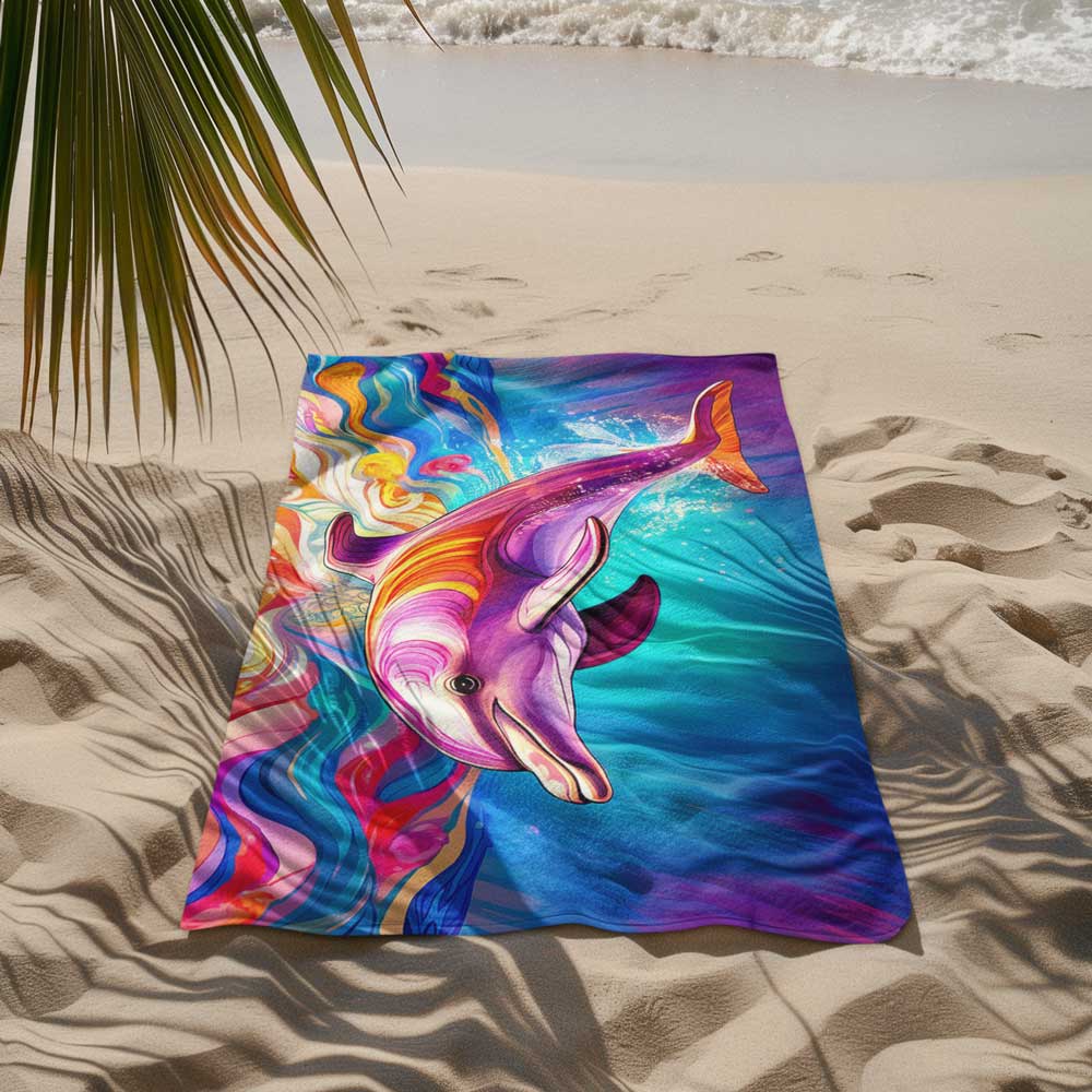 Pink dolphin beach towel laying in the sand next to the ocean