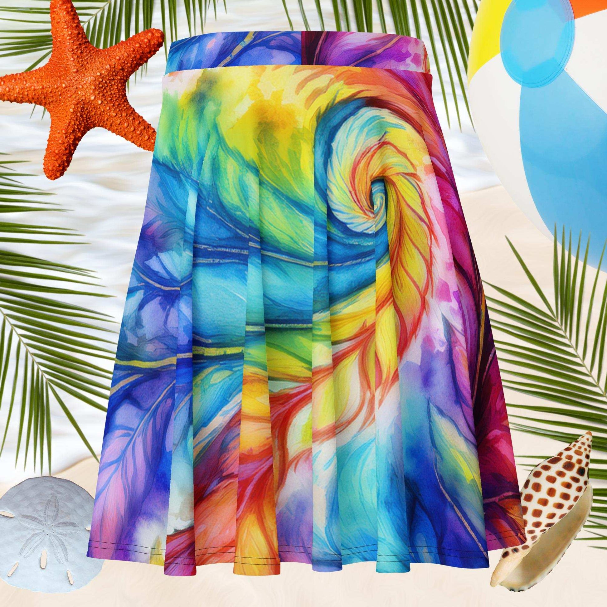 Summer Circle Skirt hanging over a beachy backdrop with sand, seashells and a beach ball