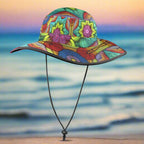 Colorful floral-patterned bucket hat on a beach horizon background