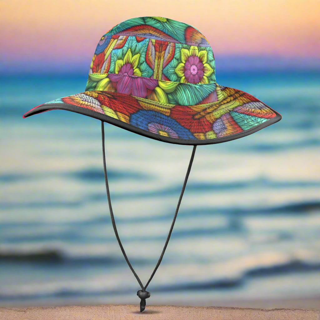 Colorful floral-patterned bucket hat on a beach horizon background