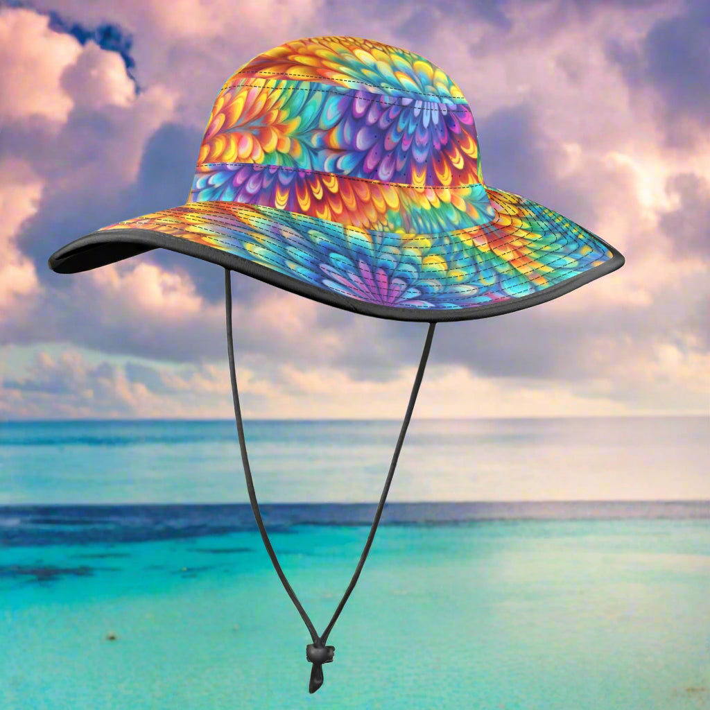 Colorful tie-dye bucket hat with a black chin strap on a white background