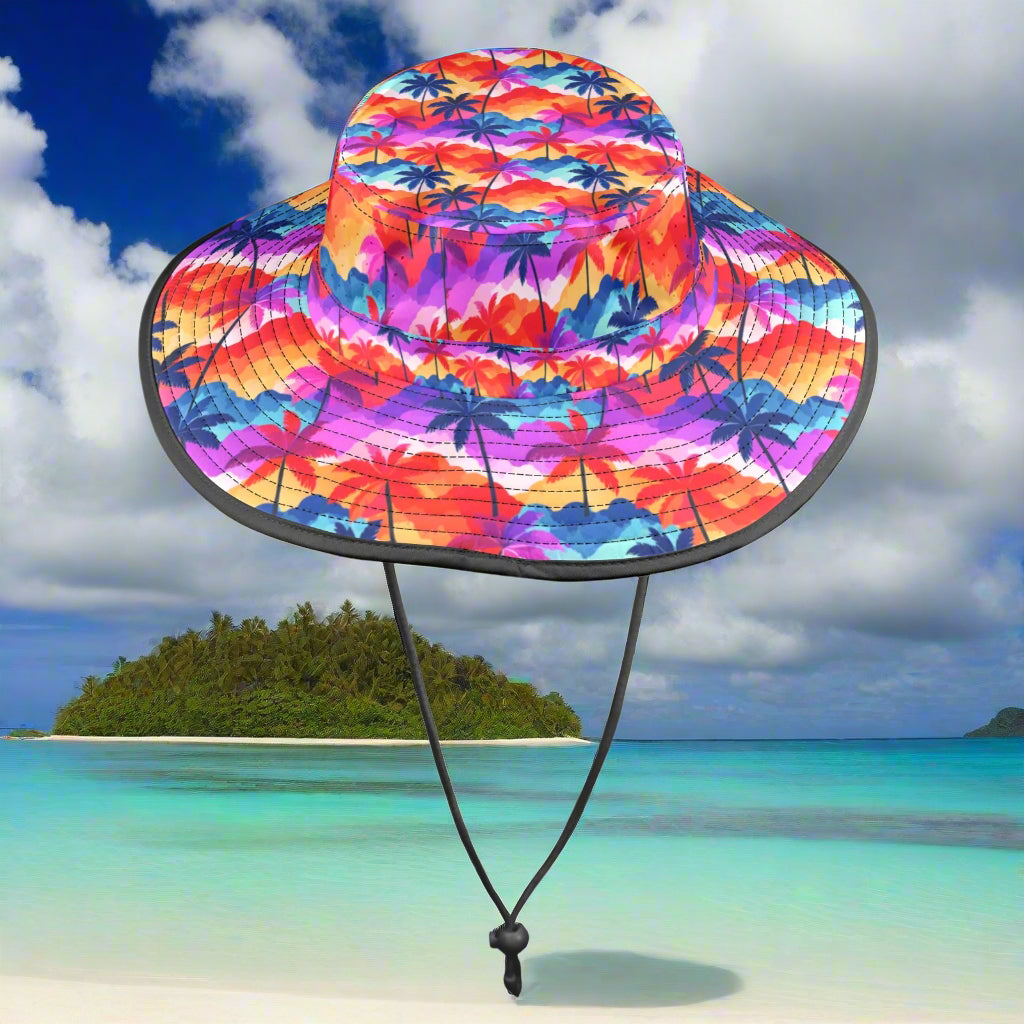 Colorful sun hat with palm tree pattern on a beach background