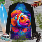 Colorful Clown fish design on a black rashie with surfboard, car, and binoculars in the background.