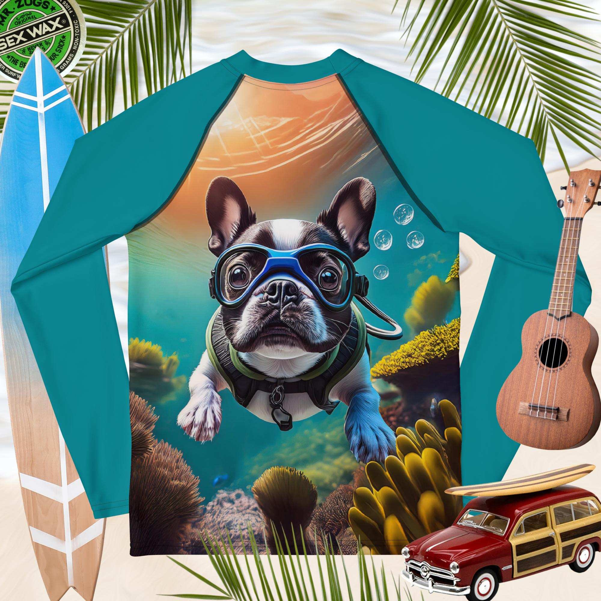 Sun Rashie | Snorkeling Frenchie Pup | Youth Rash Guards & Swim Shirts