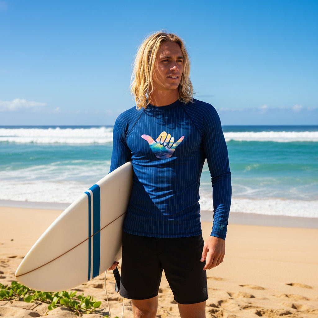 Surfer Dude wearing a Blue striped long-sleeve sun rashie with a colorful Shaka design on Hawaii's North Shore