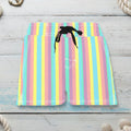 Colorful striped shorts with a black drawstring on a white background