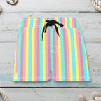 Colorful striped shorts with a black drawstring on a white background