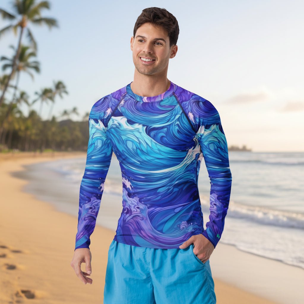 Man wearing a blue and purple wave pattern shirt on a faded beach background