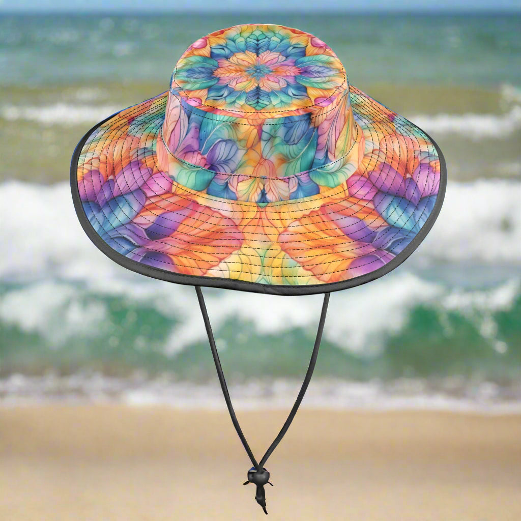 Colorful floral-patterned sun hat on a beach background