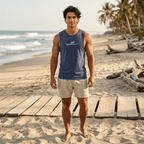 A man standing on a sandy beach wearing a heathered navy sleeveless surfer's tank top with a light gray frenchton bulldog on a surgboard graphic and beige shorts.